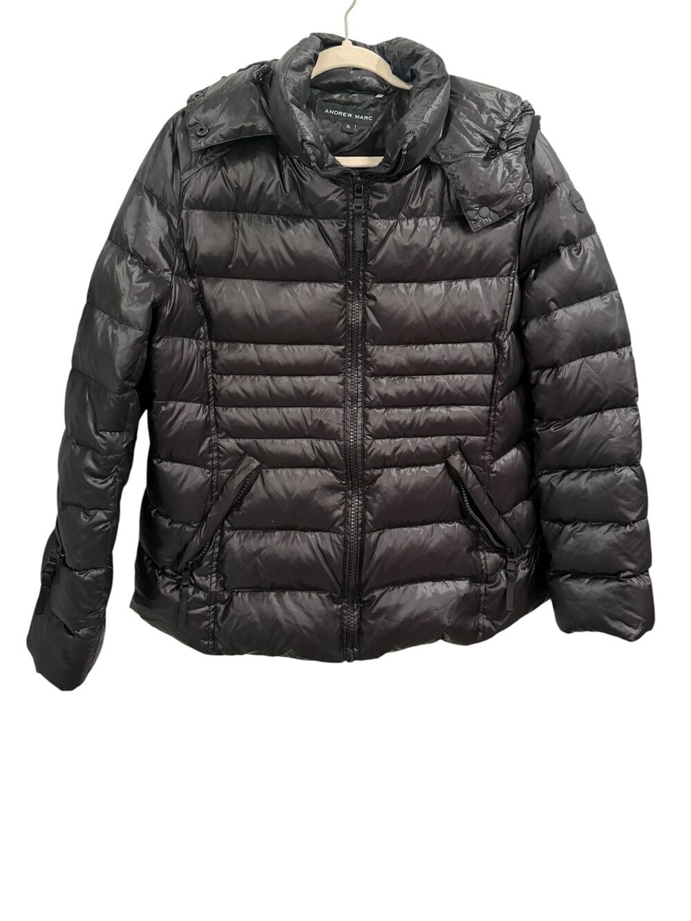 Andrew Marc Sz XL Black 650 Feather Down Fill Quilted Puffer Jacket EUC Hooded